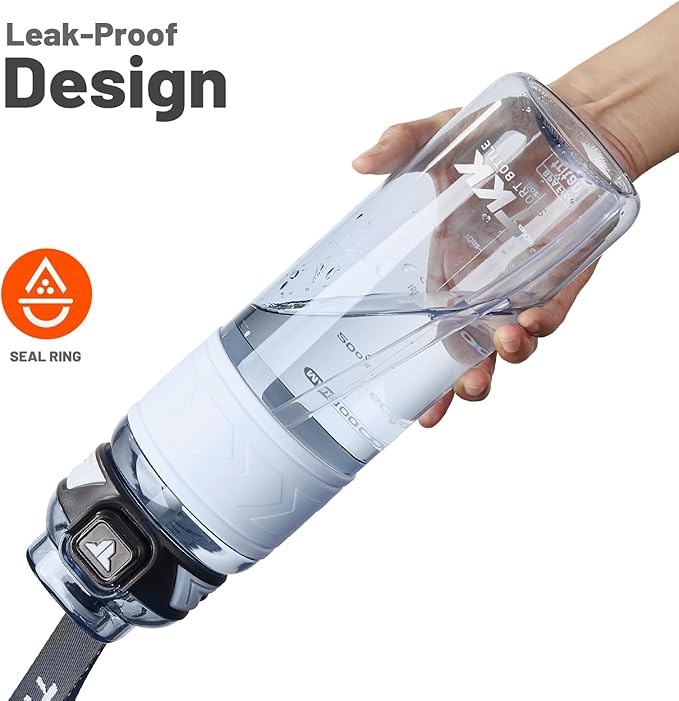 TKK Sports Water Bottles with Removable Straw 34 oz Leak-proof Flip Top Lid BPA Free Tritan Bottles with Strap for School, Fitness, Gym, Outdoor, Blue