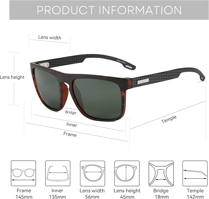 ZENOTTIC Polarized Sunglasses Men Square: Unbreakable TR90 Frame Carbon Fiber Temple UV400 Protection Sun Glasses for Driving