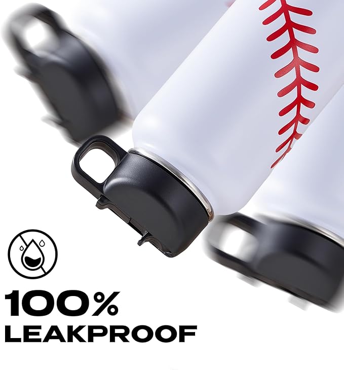 Baseball Water Bottles for Boys 32 oz and 100 PCS Baseball Stickers Sports Insulated Stainless Steel Water Bottle Baseballs Accessories Stuff Gear Gifts For 8-12 12-14 Player