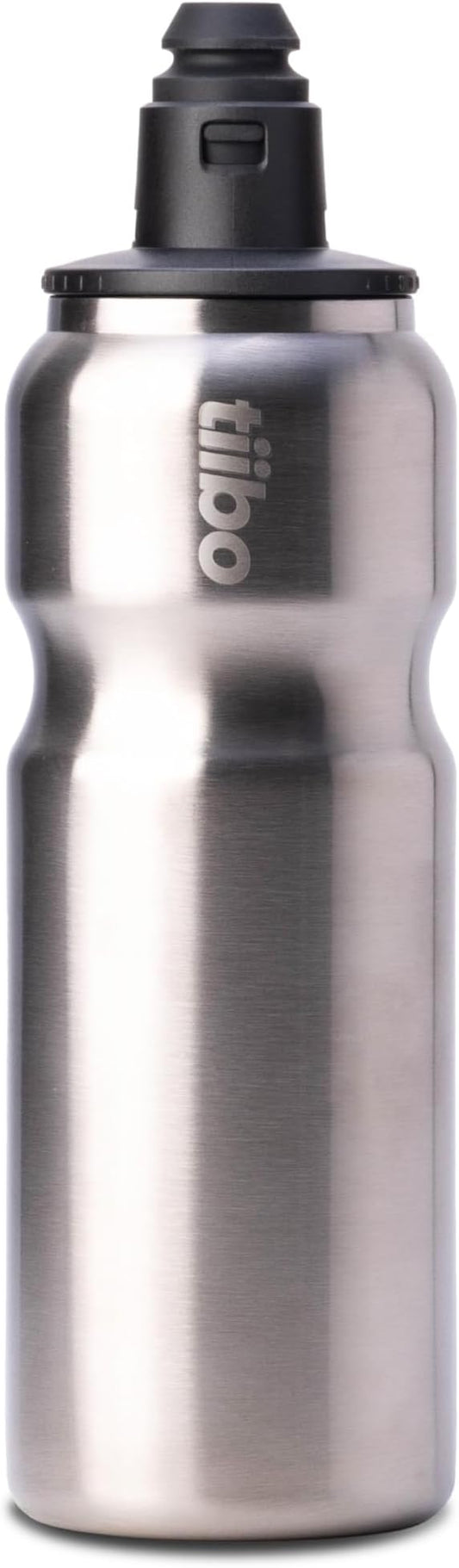 tiibo Vacuum Insulated Stainless Steel Bike Water Bottle, Double Wall, No-Squeeze, Fast Flow Sport Nozzle, Designed for Cycling, Biking, Fitness & Sports, Fits Most Bike Cages (Brushed, 17OZ)