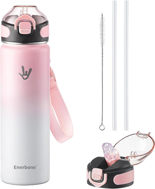 Enerbone 24 oz Insulated Water Bottle, Stainless Steel Bottle with Carrying Strap, Double-Wall Vacuum Insulation Design, Leakproof Sports Bottle with Straw, Keep Drinks Cold or Hot for Hours