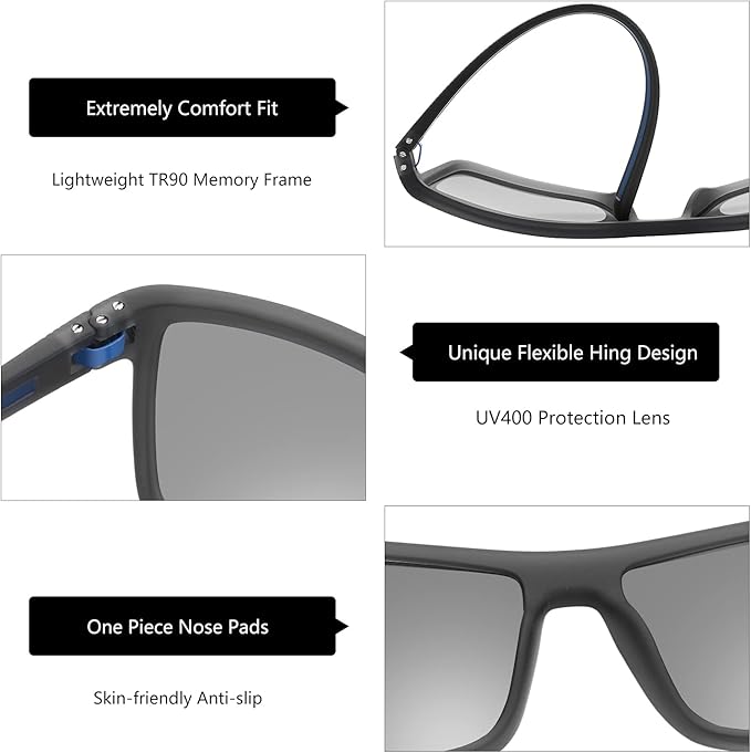 ZENOTTIC Polarized Sunglasses for Men Lightweight TR90 Frame UV400 Protection Square Sun Glasses