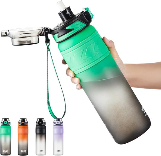 TKK Sports Water Bottles with Removable Straw 34 oz Leak-proof Flip Top Lid BPA Free Tritan Bottles with Strap for School, Fitness, Gym, Outdoor, Green-Black