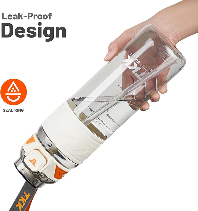 TKK Sports Water Bottles with Removable Straw 34 oz Leak-proof Flip Top Lid BPA Free Tritan Bottles with Strap for School, Fitness, Gym, Outdoor, White
