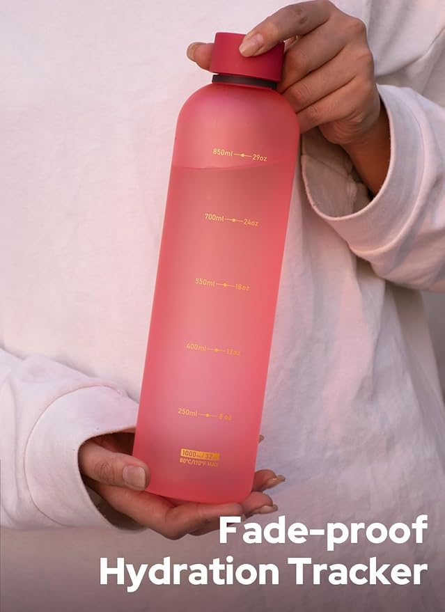 Opard Slim Water Bottle 32oz, Dishwasher Safe Plastic Water Bottle BPA-Free, Leakproof Screw Top, Flamingo Pink, Reusable for Travel School Sport Gym Hiking