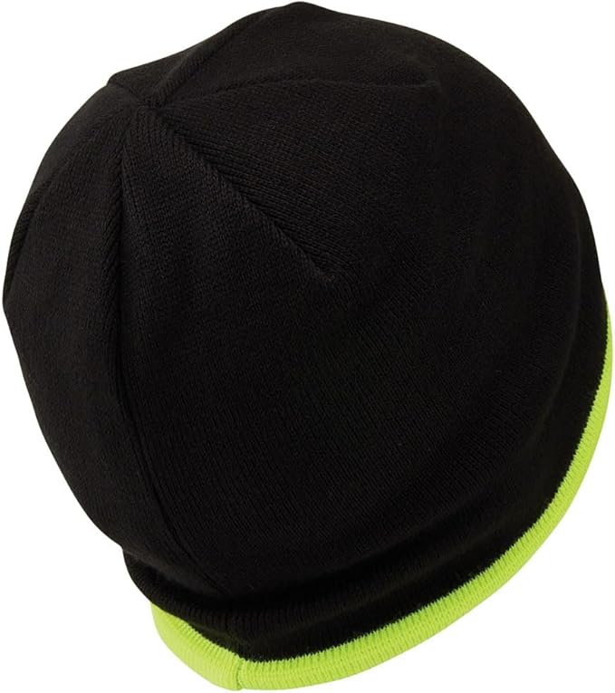 Klein Tools 60391 Knit Beanie, Thermal Fleece Winter Hat, Windproof, Fits under Helmets, Black with High-Visibility Yellow Band Trim