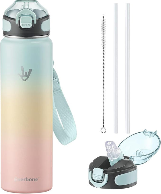 Enerbone 32 oz Insulated Water Bottle, Stainless Steel Bottle with Carrying Strap, Double-Wall Vacuum Insulation Design, Leakproof Sports Bottle with Straw, Keep Drinks Cold or Hot for Hours