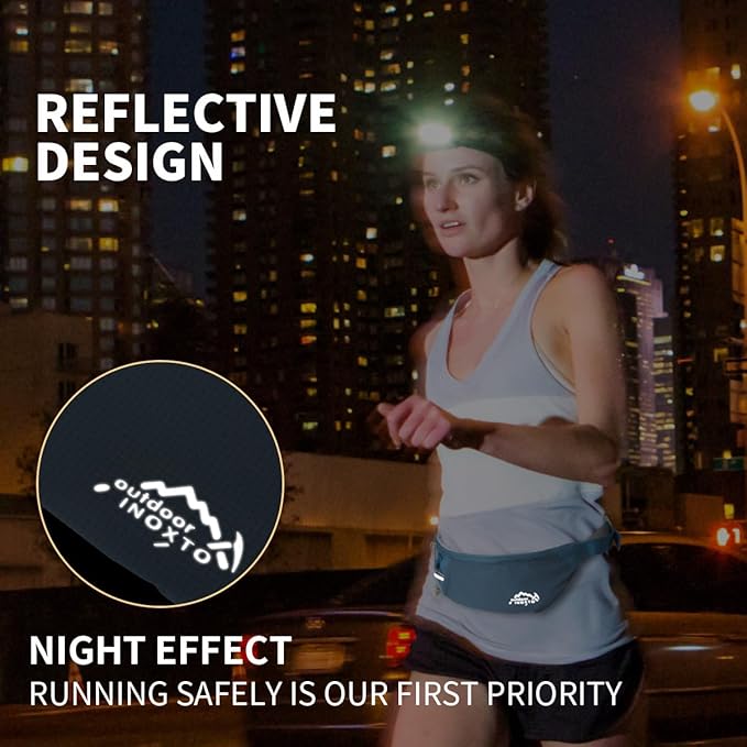 INOXTO Slim Running Belt Fanny Pack for Women and Men Sports Waist Bag Pack with 300ml Water Bottle for Running Walking Cycling Hiking Reflective Running Pouch Belt for All Phones (Black) (Dack Blue)