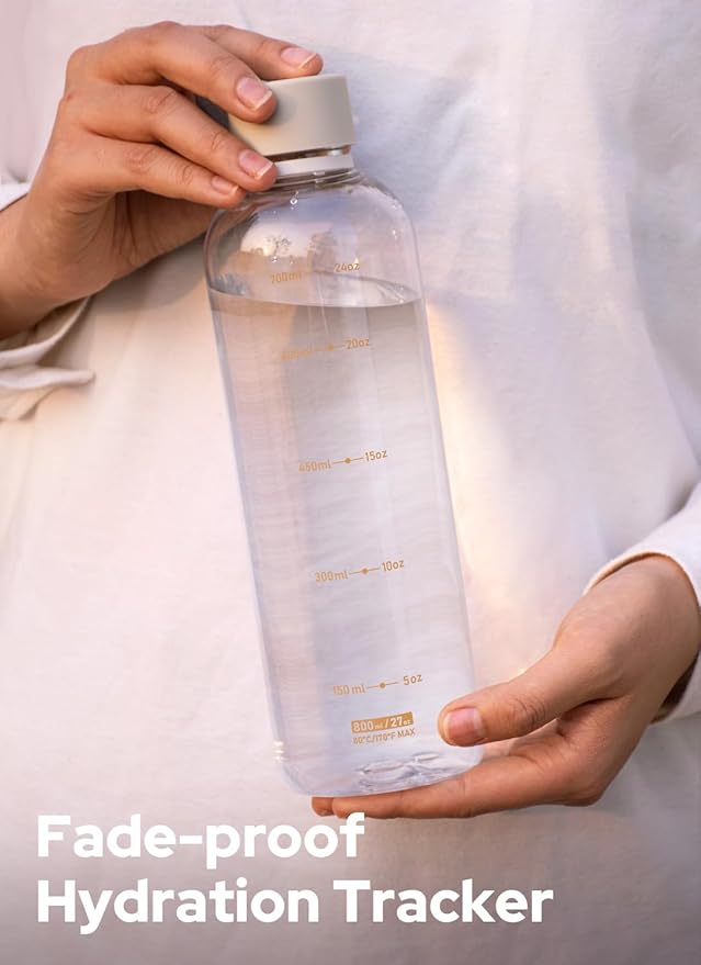 Opard Slim Water Bottle 27oz, Dishwasher Safe Plastic Water Bottle BPA-Free, Leakproof Screw Top, Clear Cream, Reusable for Travel School Sport Gym Hiking