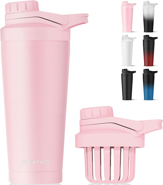 Stainless Steel Shaker Bottle with Noise-Free Design - Patented 24 oz Insulated Metal Shakers Bottles Cup for Protein Mixes and Pre Workout 100% Leak Proof (Pink)