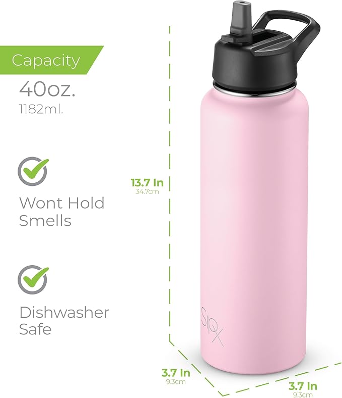 SIPX™ 40 oz Insulated Water Bottle with 3 Lids – Leakproof Stainless Steel, Triple Insulated – Cold 24 Hours/Hot 12 Hours – Durable Bottle for School, Gym, Travel – Light Pink