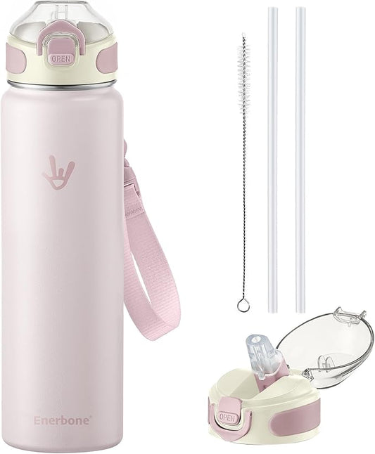 Enerbone 32 oz Insulated Water Bottle, Stainless Steel Bottle with Carrying Strap, Double-Wall Vacuum Insulation Design, Leakproof Sports Bottle with Straw, Keep Drinks Cold or Hot for Hours