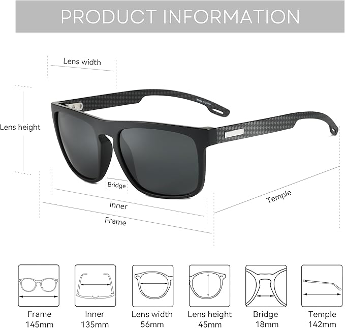 ZENOTTIC Polarized Sunglasses Men Square: Unbreakable TR90 Frame Carbon Fiber Temple UV400 Protection Sun Glasses for Driving