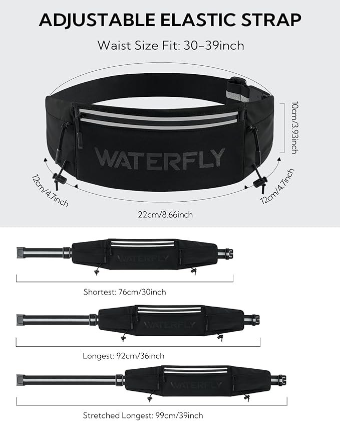 WATERFLY Running Belt Fanny Pack: Breathable 3 Pocket Waist Bag for Men Women Workout Exercise Fitness Phone Holder Fits All Phones - Runner Marathon Jogging Race Belt with Bib Clip Black