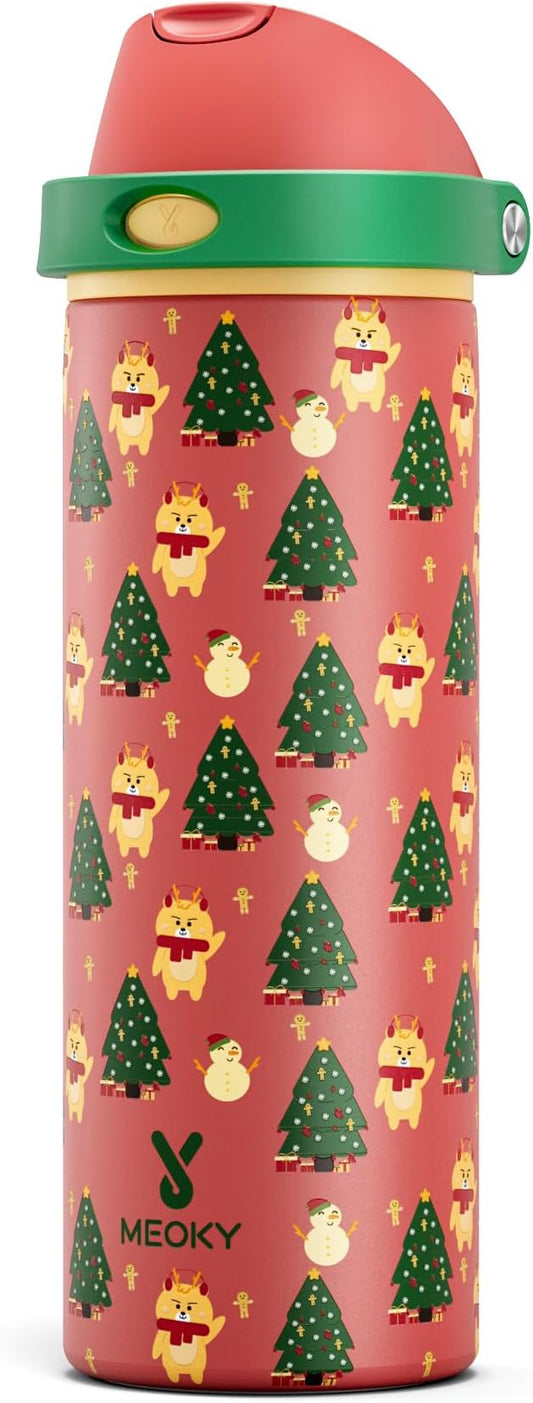 24 oz Christmas Insulated Water Bottle: Meoky Stainless Steel Water Bottle with Straw and Spout Lid - Leak Proof, Cold for 24 Hours, Fits in Car Cup Holder, Christmas Gifts for Women Men, Santa Deer