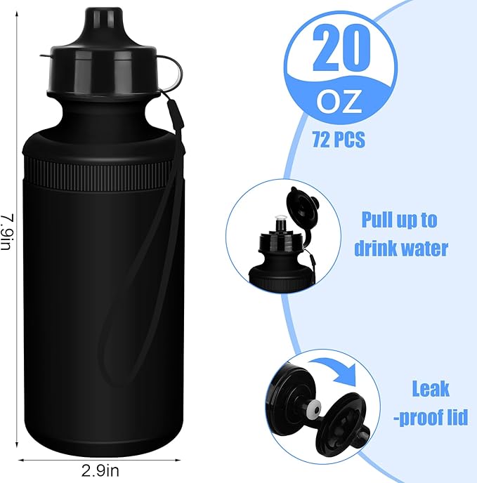 72 Pcs Reusable Water Bottles Bulk 20 oz Squeeze Plastic Sports Water Bottles with Nylon Strap Leak Proof Blank DIY Cups for Travel Hiking Cycling Sport Event Team Gifts