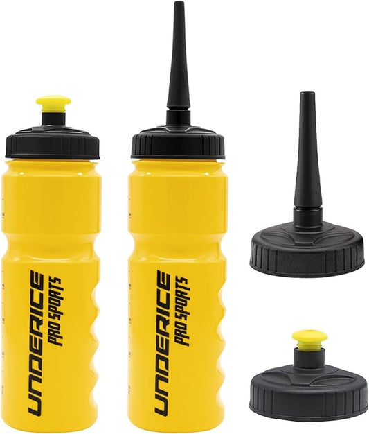 UICE Hockey Water Bottle 25.3oz 2 Pack - Leakproof Sport Water Bottles with Short/Long Nozzle Lids for Hockey/Lacrosse/Baseball/Softball/Football/Fitness,Yellow