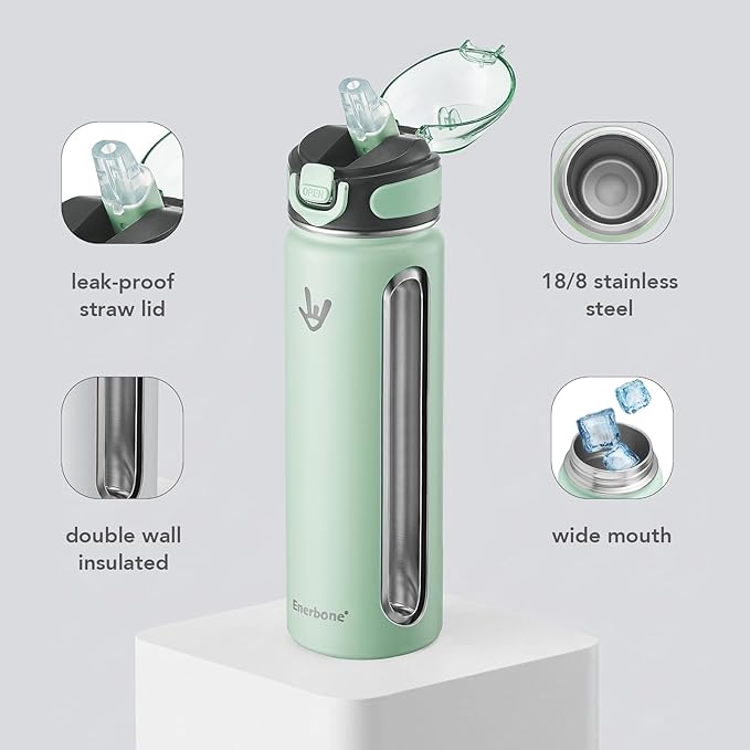 Enerbone 24 oz Insulated Water Bottle, 24oz 2 Lids (with Straw/No Straw), Stainless Steel Double Wall Flask for Hot & Cold Drinks, Leakproof Travel Bottle for Gym, Office, Hiking