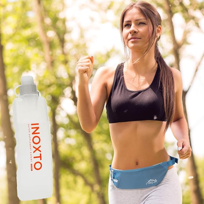 INOXTO Slim Running Belt Fanny Pack for Women and Men Sports Waist Bag Pack with 300ml Water Bottle for Running Walking Cycling Hiking Reflective Running Pouch Belt for All Phones (Black) (Dack Blue)