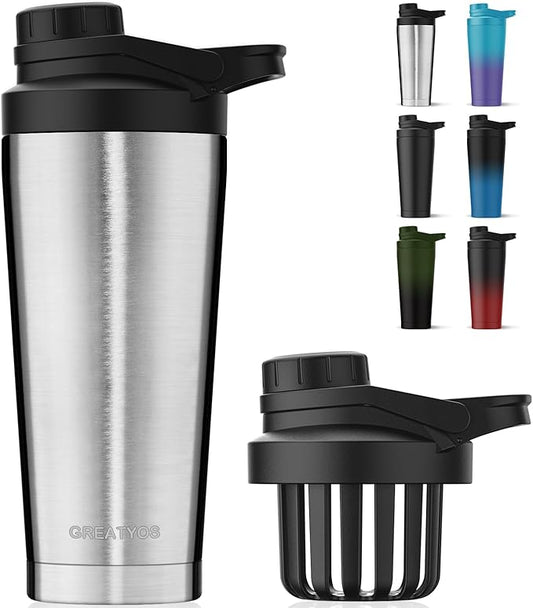 Stainless Steel Shaker Bottle with Noise-Free Design - Patented 24 oz Insulated Metal Shakers Bottles Cup for Protein Mixes and Pre Workout 100% Leak Proof (Steel)