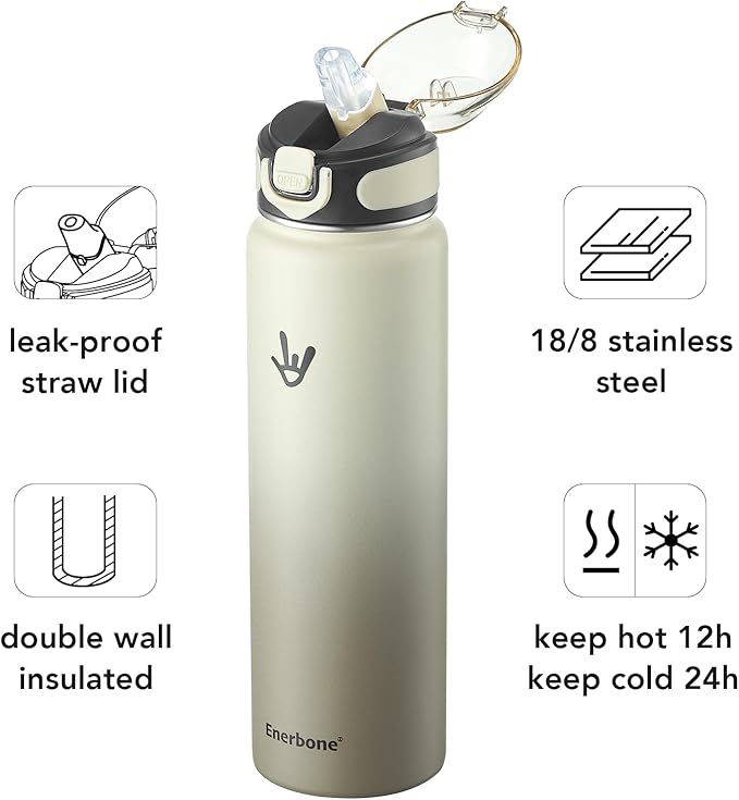 Enerbone 32 oz Insulated Water Bottle, Stainless Steel Bottle with Carrying Strap, Double-Wall Vacuum Insulation Design, Leakproof Sports Bottle with Straw, Keep Drinks Cold or Hot for Hours