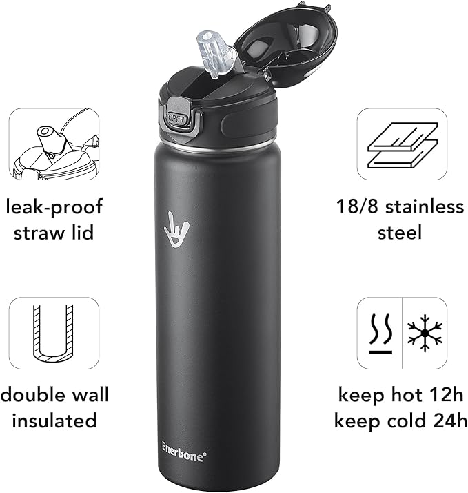 Enerbone 24 oz Insulated Water Bottle, Stainless Steel Bottle with Carrying Strap, Double-Wall Vacuum Insulation Design, Leakproof Sports Bottle with Straw, Keep Drinks Cold or Hot for Hours