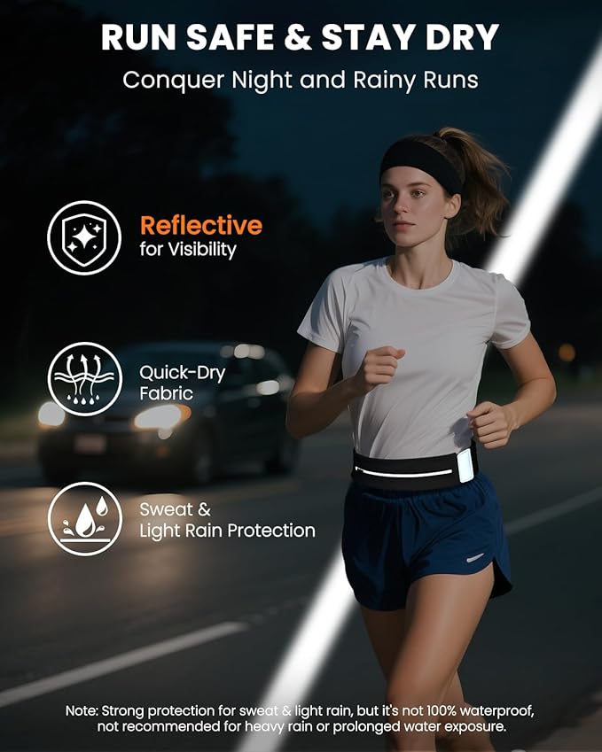 Running Belt for Women and Men, Adjustable Fanny Packs No Bounce Phone Holder for Running with Water Bottle & Headband, Waterproof Reflective Waist Packs, Fits All Phones (M-Black)