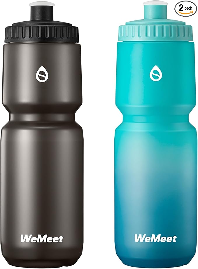 2-Pack Bike Water Bottle with Bite Valve, BPA Free, Fits Most Bike Cages, for Hiking, Bicycle Squeeze Sport Water Bottle for Riding, Hiking (Black & Green Blue, 32oz)