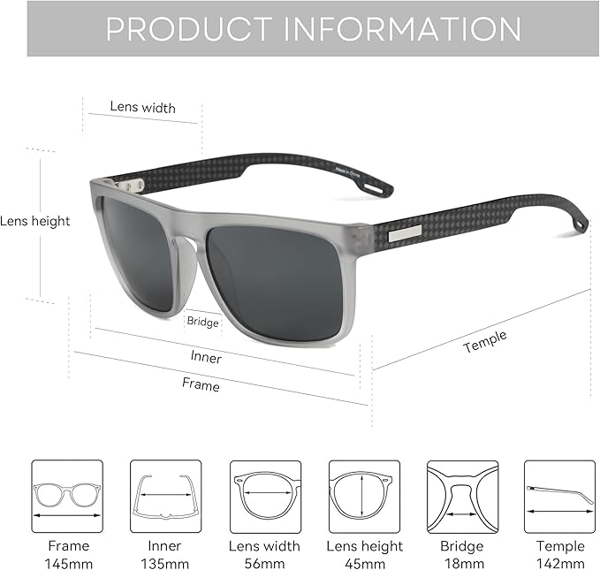 ZENOTTIC Polarized Sunglasses Men Square: Unbreakable TR90 Frame Carbon Fiber Temple UV400 Protection Sun Glasses for Driving