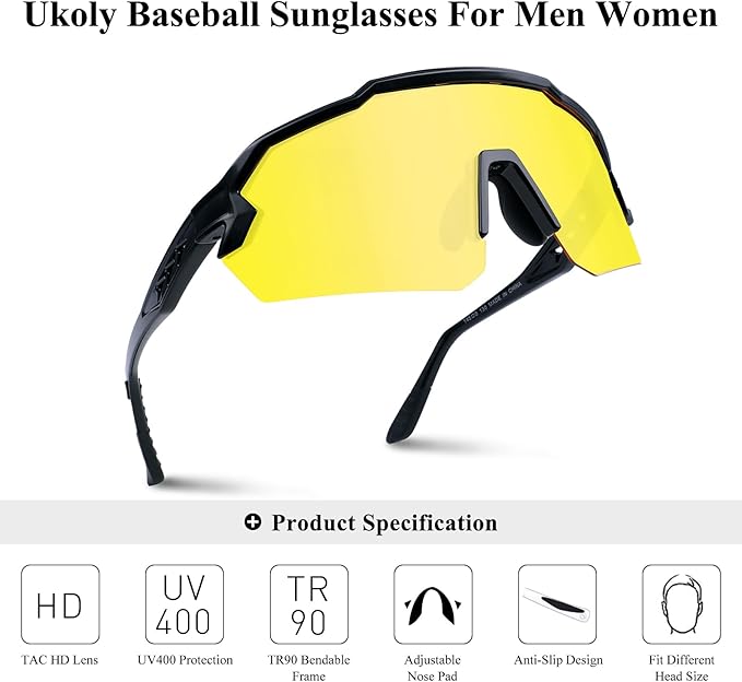 Ukoly Baseball Sunglasses For Men Women,Sports Sunglasses For Baseball Running Cycling UV400 protection TR90 Frame 615
