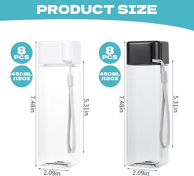 16 PCS Plastic Water Bottle Bulk 15oz Reusable Sports Water Bottle with Handle Strap, Leakproof Lightweight Portable Waterbottle for School Gym Fitness Travel (Black&White, Rectangle)