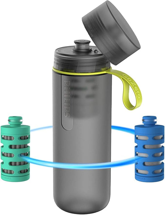 PHILIPS Filtered Water Bottle, GoZero Active BPA-Free Water Bottle with Adventure River/Lake/Spring Water Filter for Hiking, Camping & Fitness Tap Water Filter for Gym, Sport Squeeze Bottle 20 oz Grey