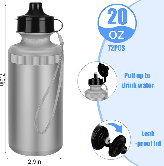 72 Pcs Reusable Water Bottles Bulk 20 oz Squeeze Plastic Sports Water Bottles with Nylon Strap Leak Proof Blank DIY Cups for Travel Hiking Cycling Sport Event Team Gifts