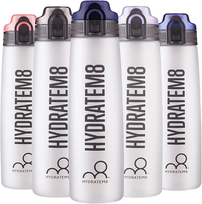 HYDRATEM8 - Active Motivational Sports Water Bottle with Time Markings, BPA Free, Drinks Bottle, 32oz - Frosted