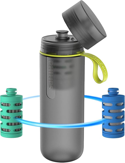 PHILIPS Water GoZero Active BPA-Free Water Bottle with Adventure River/Lake/Spring Water Filter for Hiking, Camping & Fitness Tap Water Filter for Gym, Sport Squeeze Bottle, Lightweight, Grey, 20 oz