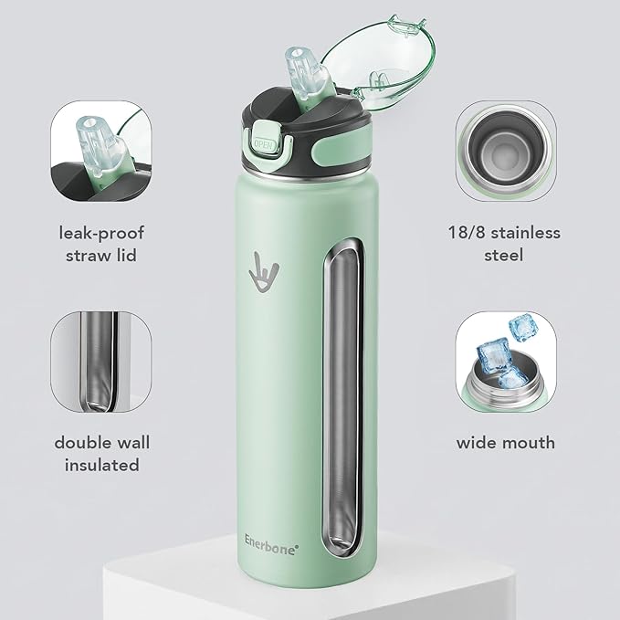 Enerbone 32 oz Insulated Water Bottle, 32oz 2 Lids (with Straw/No Straw), Stainless Steel Double Wall Flask for Hot & Cold Drinks, Leakproof Travel Bottle for Gym, Office, Hiking