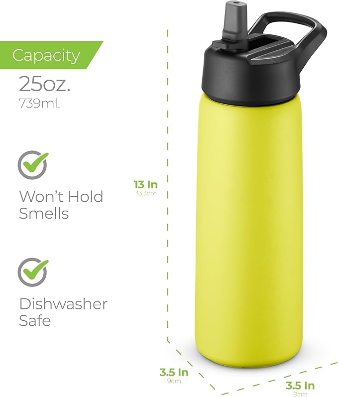 SIPX™ 25 oz Insulated Water Bottle with 3 Lids – Leakproof Stainless Steel, Triple Insulated – Cold 24 Hours/Hot 12 Hours – Durable Bottle for School, Gym, Travel – Yellow