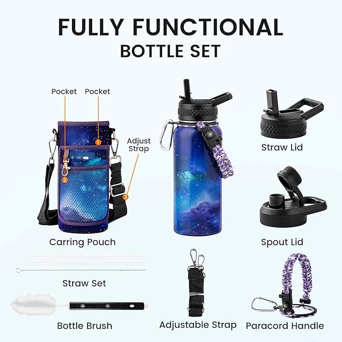 32oz Insulated Water Bottle, Triple Wall Vacuum Stainless Steel Water Bottles - Keeps Cold 48H, Reusable Metal water flask Jug for Gym, Sports, Camping, Hiking,Travel, Aurora-Purple