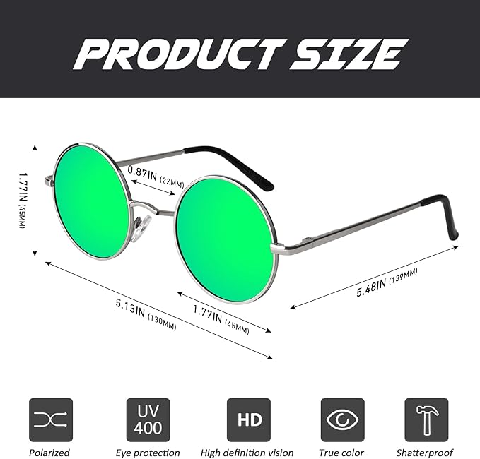 CGID Retro Round Polarized Sunglasses Mens Womens Circle Metal Hippie Shades UV400 Protection E01