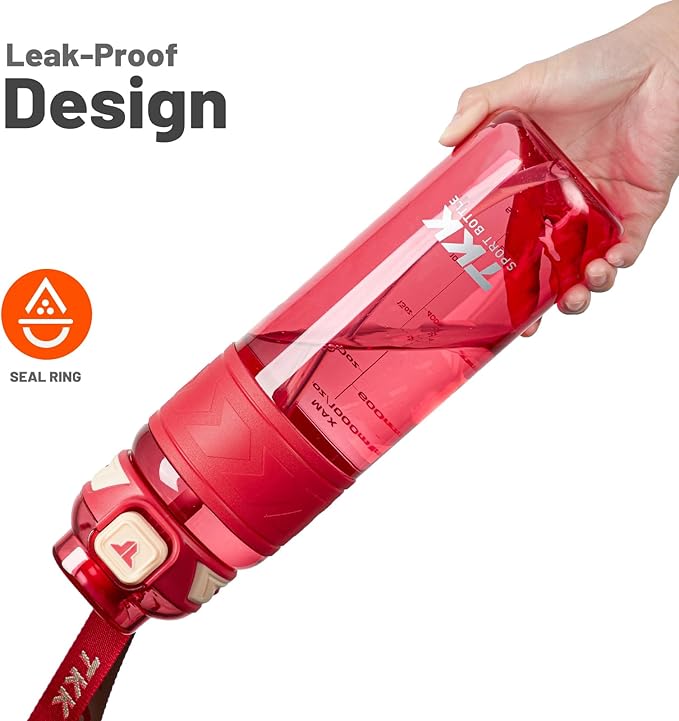 TKK Sports Water Bottles with Removable Straw 34 oz Leak-proof Flip Top Lid BPA Free Tritan Bottles with Strap for School, Fitness, Gym, Outdoor, Red