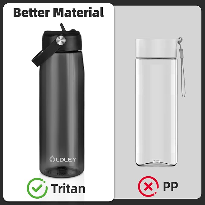 OLDLEY 32 oz Water Bottle with Straw, Leakproof Sports Water Bottle with Carry Strap, BPA-Free Large Water Bottles for Home,Travel, School, Outdoors, Gym, Tritan, Black