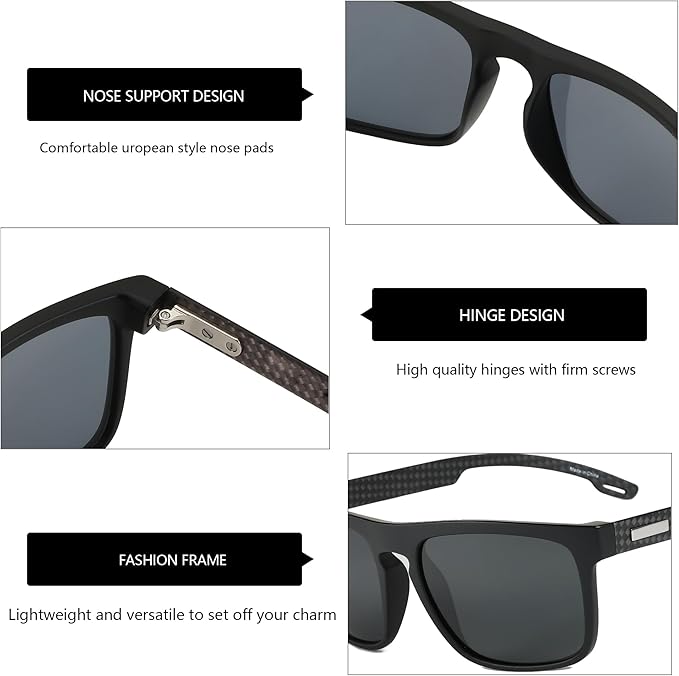 ZENOTTIC Polarized Sunglasses Men Square: Unbreakable TR90 Frame Carbon Fiber Temple UV400 Protection Sun Glasses for Driving