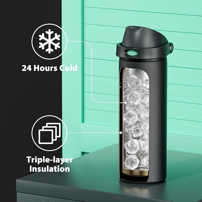 24 oz Insulated Water Bottle for Sports: Meoky Stainless Steel Water Bottle with 2-in-1 Straw and Spout Lid - Leak Proof, Cold for 24 Hours, Fits in Car Cup Holder, BPA-Free for Travel Gym, Foggy Tide