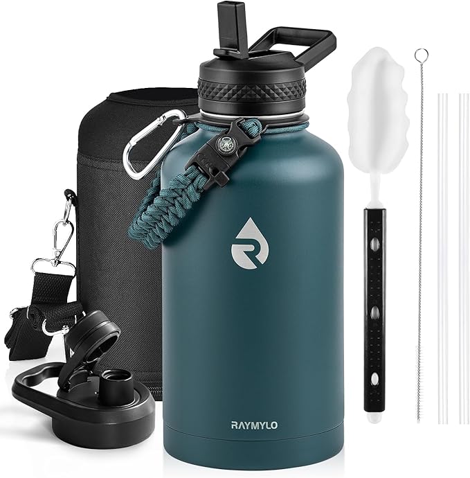 Insulated Water Bottle 64 oz, Triple Wall Vacuum Stainless Steel (Cold for 48 Hrs), Leak Proof & Non-BPA, Half Gallon Water Flask Jug with Paracord Handle & Straw Spout Lids, Dark Green