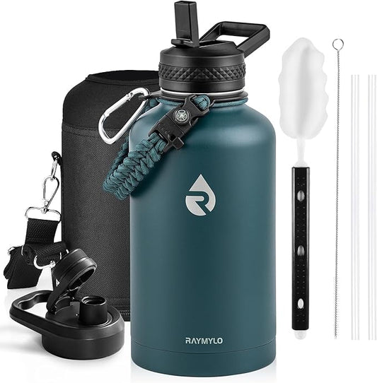 Insulated Water Bottle 64 oz, Triple Wall Vacuum Stainless Steel (Cold for 48 Hrs), Leak Proof & Non-BPA, Half Gallon Water Flask Jug with Paracord Handle & Straw Spout Lids, Dark Green