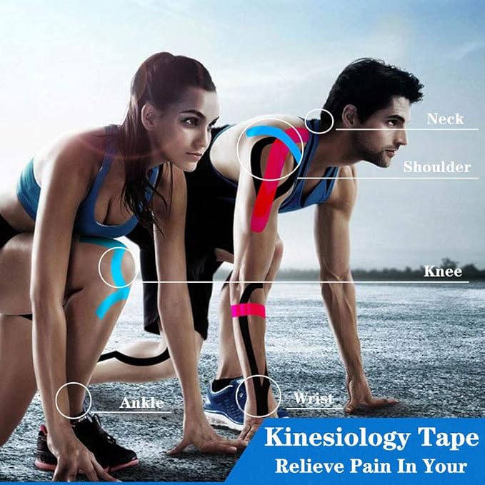 4 Pack Kinesiology Tape 16ft Latex Free Elastic Waterproof Breathable Athletes Sports Tape for Knees, Ankles, Elbow, Pain Relief and Shoulder Muscle (Black, Skin)