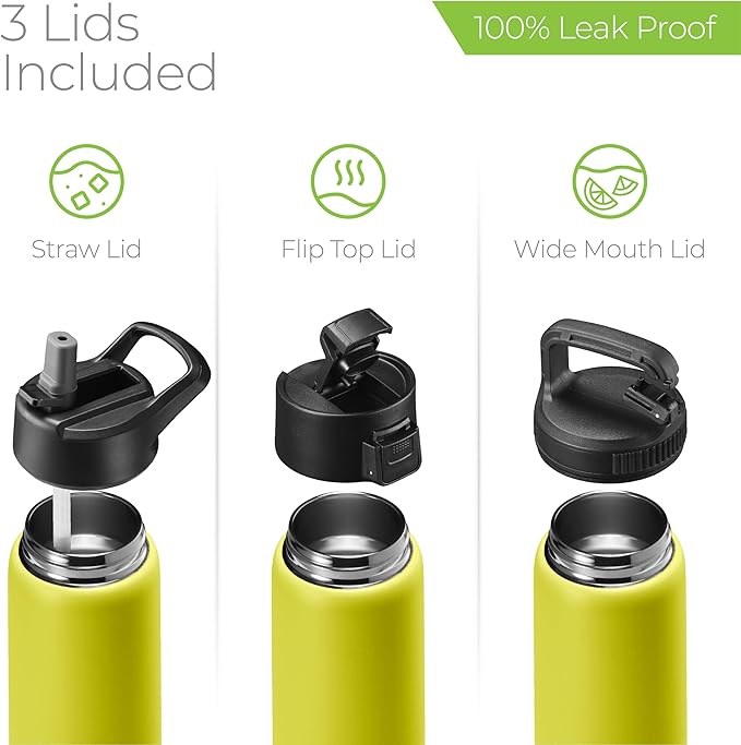 SIPX™ 25 oz Insulated Water Bottle with 3 Lids – Leakproof Stainless Steel, Triple Insulated – Cold 24 Hours/Hot 12 Hours – Durable Bottle for School, Gym, Travel – Yellow