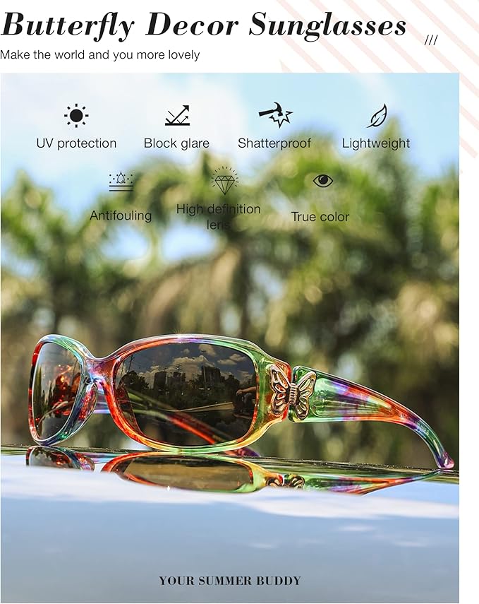 IGnaef Polarized Sunglasses for Women, Trendy Wrap Around Jackie-O Style with Butterfly Decoration IF022