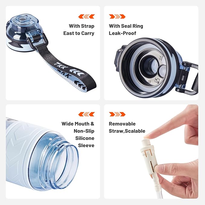 TKK Sports Water Bottles with Removable Straw 34 oz Leak-proof Flip Top Lid BPA Free Tritan Bottles with Strap for School, Fitness, Gym, Outdoor, Blue