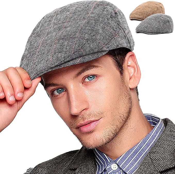 LADYBRO 2Pack Adjustable Newsboy Hats for Men Flat Cap Irish Cabbie Wool Blend Tweed